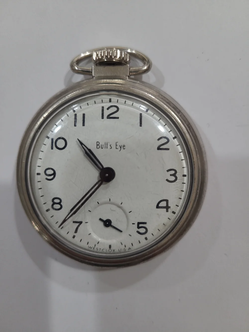 Vintage Westclox Bull's Eye Silver Tone Pocket Watch  White Dial Manual Wind USA